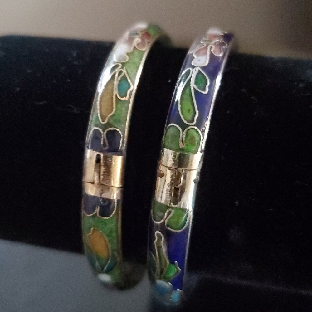 Cloisonne Floral Enamel Bangle Set - Green and Blue -Child Size